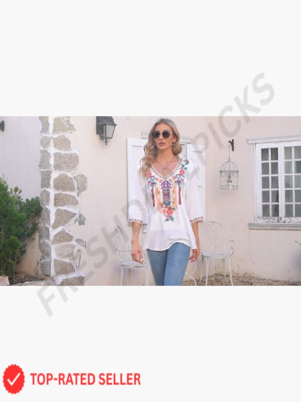 Embroidered Peasant Tunic Blouse Boho Chic Loose Fit Long Sleeve Summer Top - Picture 7 of 7